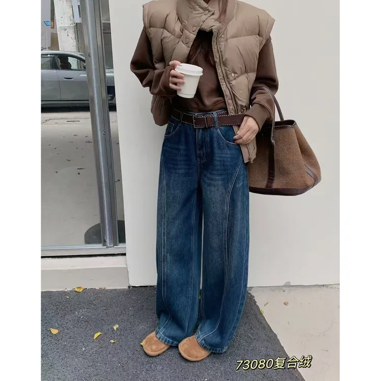 冬新款过得好复合厚绒保暖拖地弯刀裤高腰宽松女牛仔裤裤子显瘦