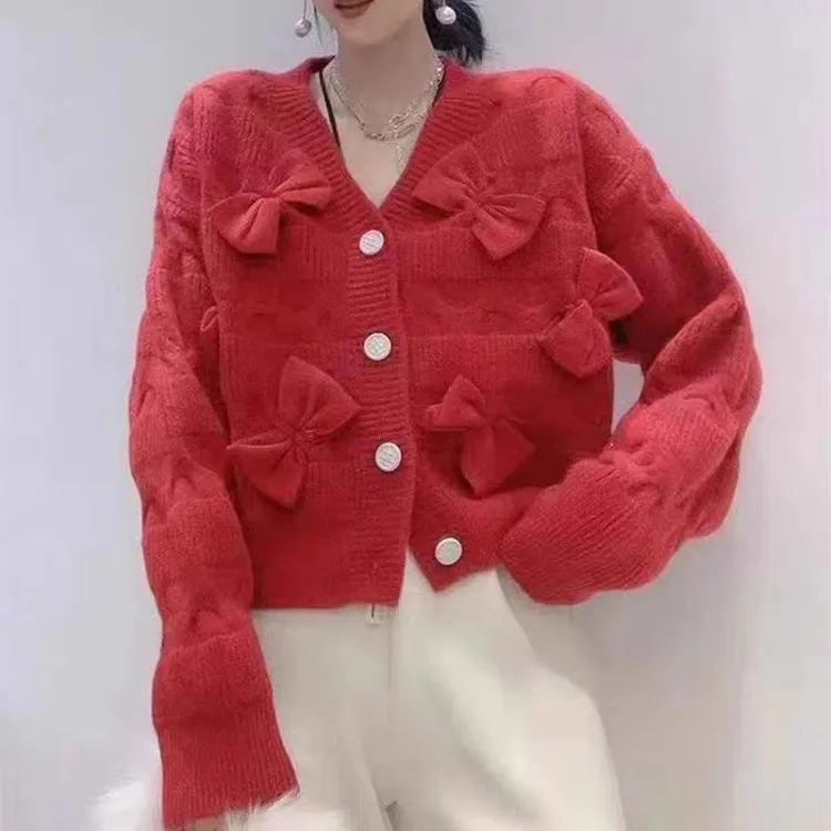 毛衣长袖针织蝴蝶结女小香风圆领秋冬气质短款百搭开衫女装网红