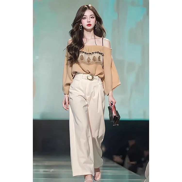 夏装搭配一整套高级感名媛高端气质小香风一字肩上衣阔腿裤套装女