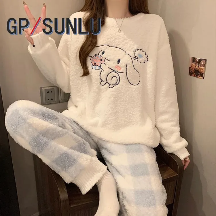GPSUNLU珊瑚绒睡衣少女秋冬款加厚保暖半边绒可爱卡通家居服套装