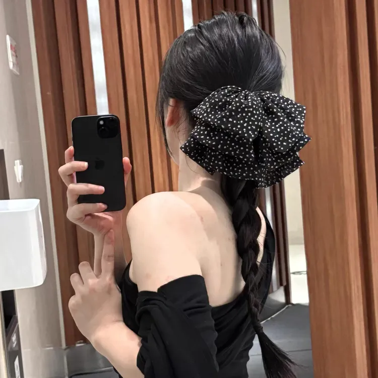 韩系复古黑色波点蝴蝶结抓夹秋冬高级感显发量气质马尾夹发抓头饰