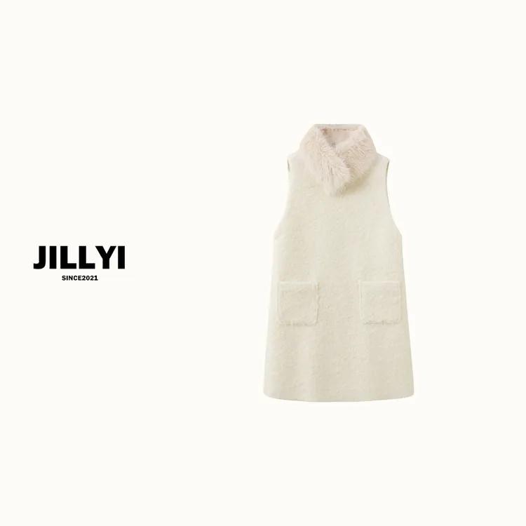 jillyi【冰雪公主】奶白色圆脸无袖毛呢连衣裙秋季纯色百搭