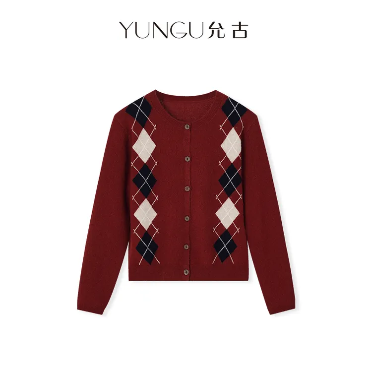 YUNGU允古 复古绵羊毛针织开衫25秋新款菱格小众圆领毛衣外搭上衣