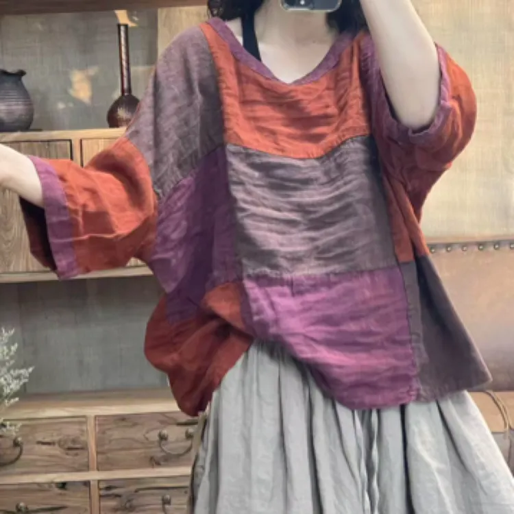 新品夏季亚麻炒色拼接撞色圆领休闲女装上衣(长63胸围134)