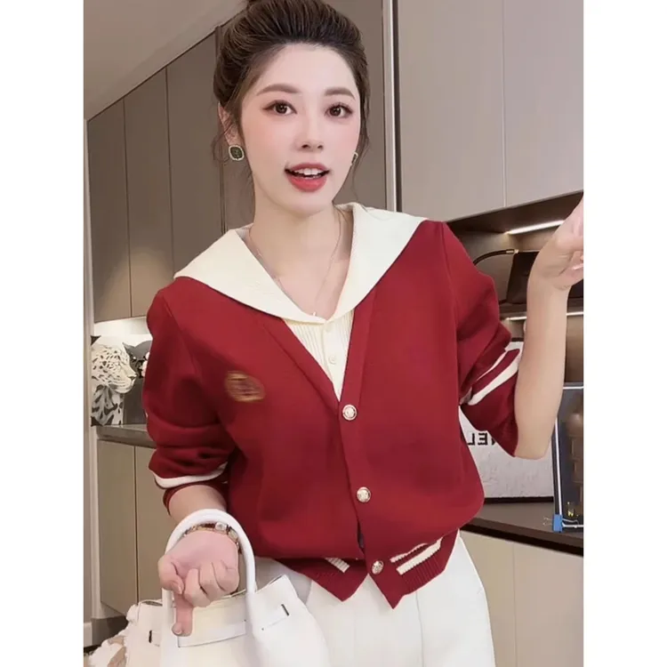 小香学院风撞色海军领毛衣开衫女秋季2025新款宽松软糯针织衫上衣