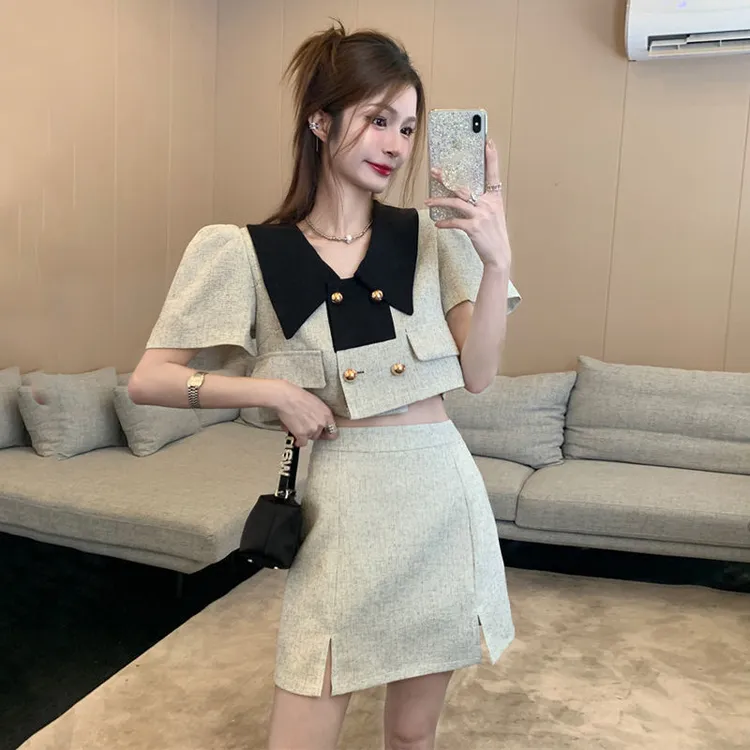 小香风套装女夏季2022气质撞色设计感洋气短袖上衣半身裙两件套