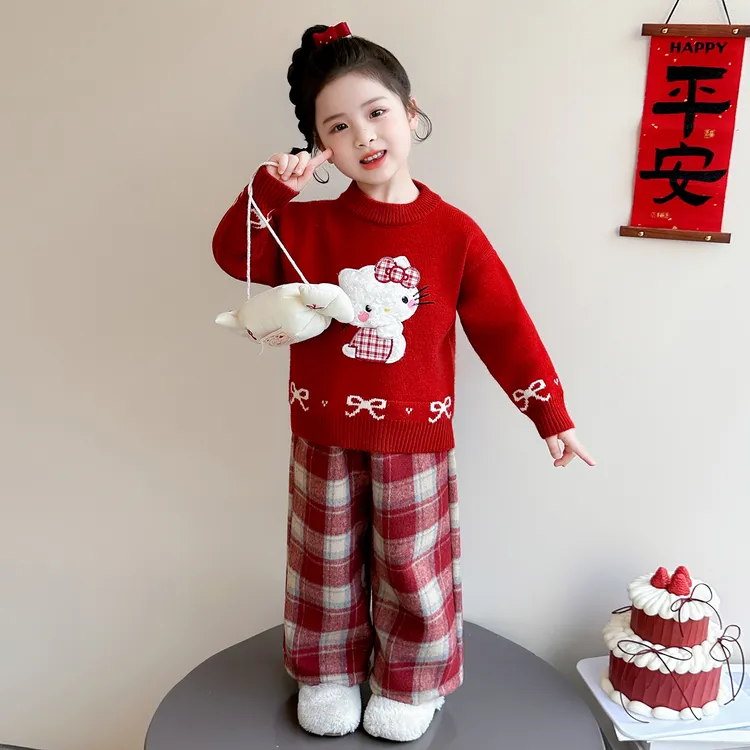 儿童毛衣女童红色针织衫内搭加厚2025新款女宝红色喜庆过新年套装