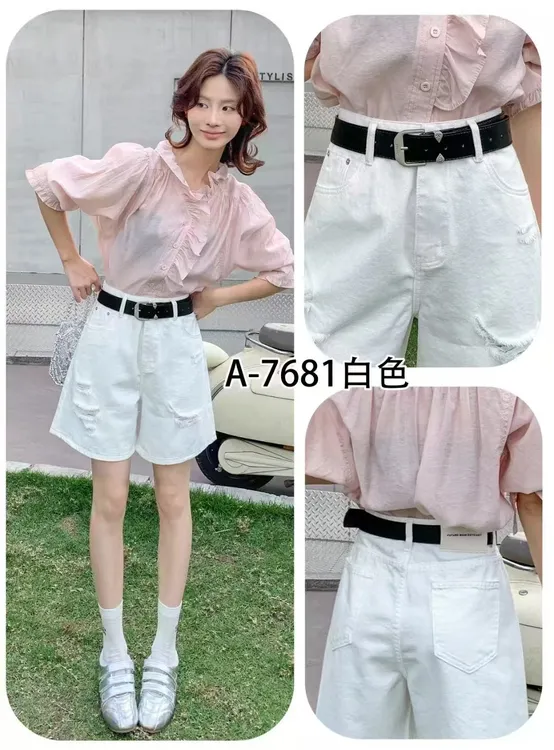 7681夏季时尚四分短裤中腰无弹力破洞牛仔短裤长度45公分