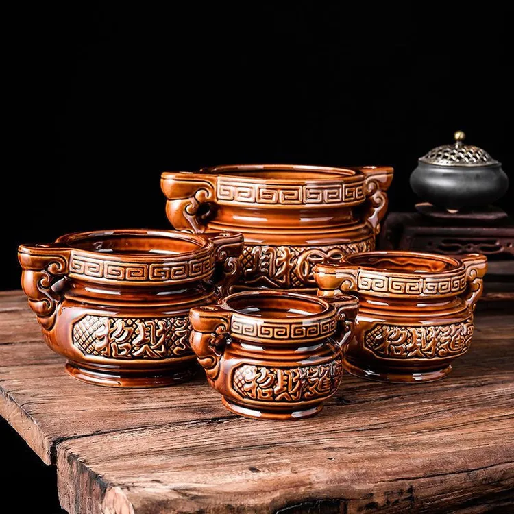 陶瓷平底香炉家用供奉古铜色烧香炉客厅招财进宝香炉家用香炉双耳