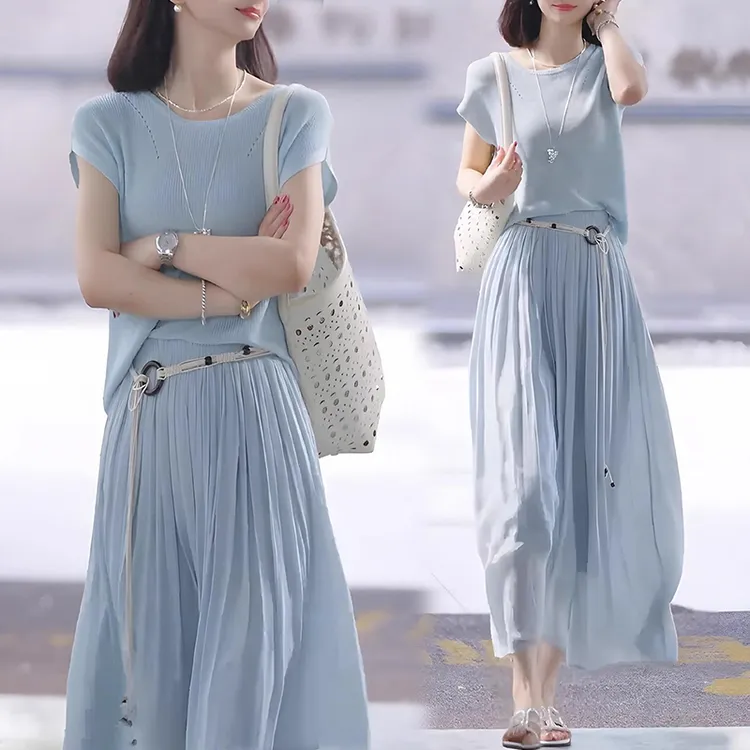 巨好看的夏季两件套裙盐系时尚绝美气质穿搭蓝色上衣半身裙套装女