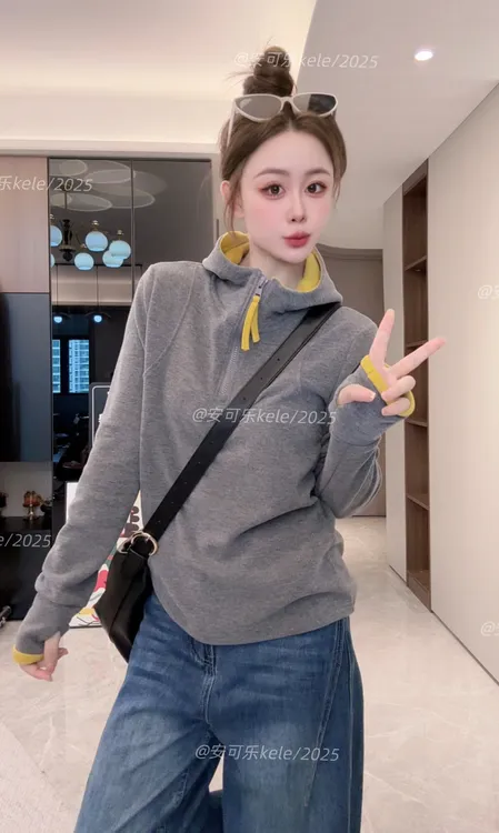 秋冬磨毛锁温保暖显瘦长袖远红外发热半拉链连帽打底衫900