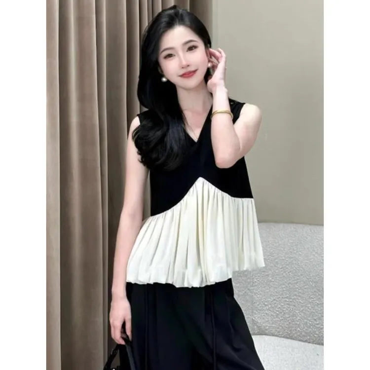 法式荷叶边拼色无袖V领T恤背心女夏气质百搭显白小衫漂亮别致上衣