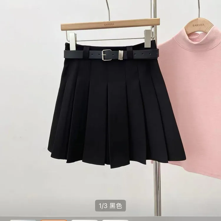 女士灰色高腰显瘦防走光韩版百搭A字百褶半身短裙
