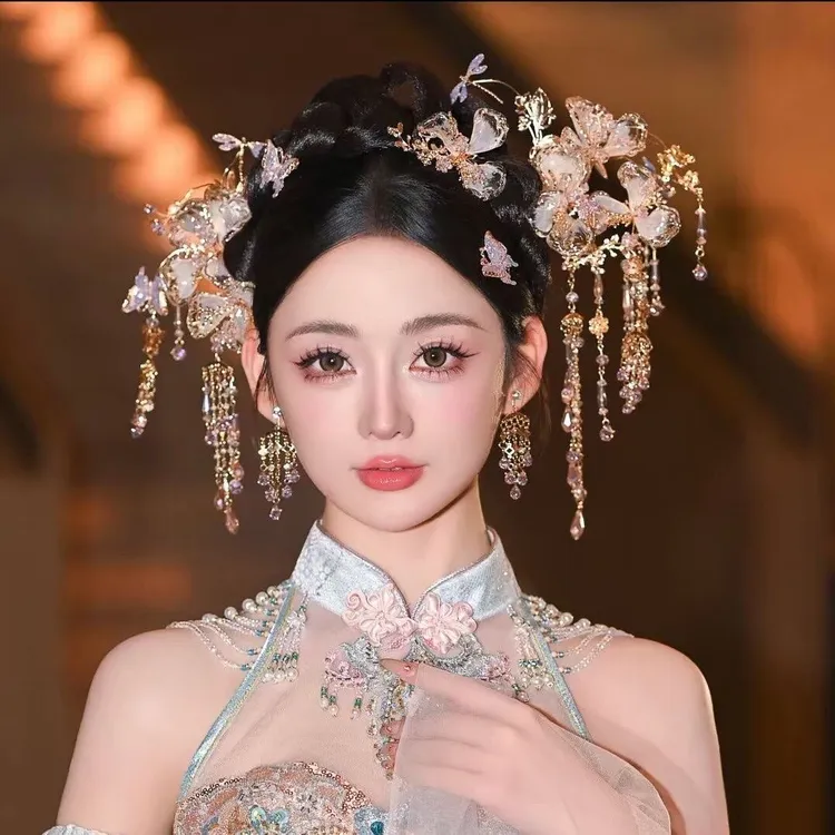 新款新娘中式头饰秀禾服龙凤褂粉色减龄发簪发饰古典婚礼盘发配饰