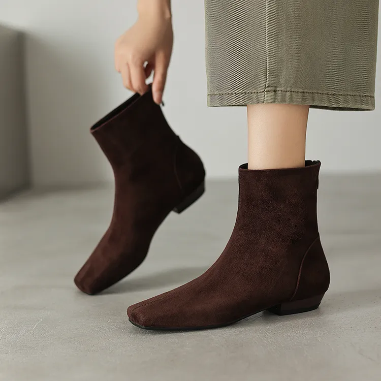 2CM-羊皮时装靴棕色秋冬瘦瘦靴英伦风复短筒单靴百搭短靴马丁靴女