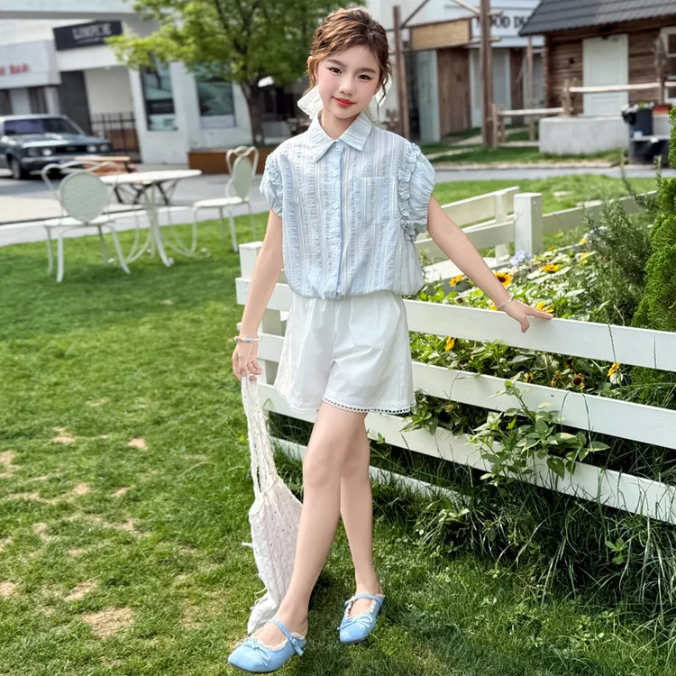 女童夏装衬衫套装2025夏季新款儿童薄款花边短袖上衣大童洋气衬衣