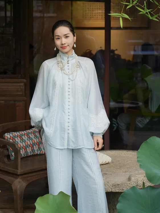 爱妃原创【花海】新中式单排立领气质休闲禅意风两件国风套装86890