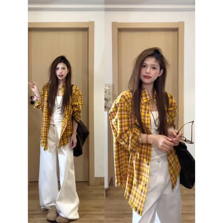国潮牌黄色格子衬衫男女春秋宽松oversize高级感百搭气质独特衬衣