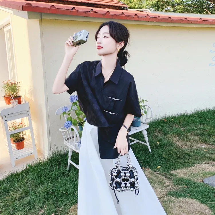 复古新中式套装裙夏季女2025新款小众设计不规则衬衫半身裙两件套