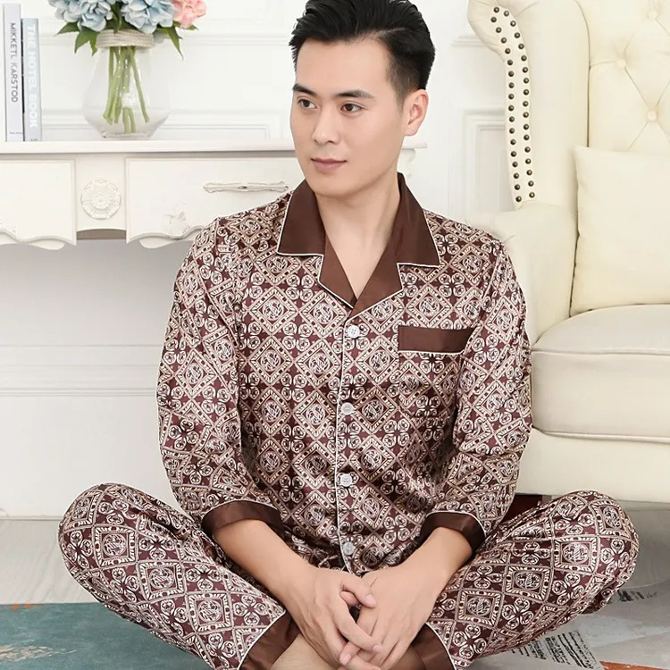 中老年男士睡衣春秋款2025新款冰丝高级感老人家居服男款春季长袖