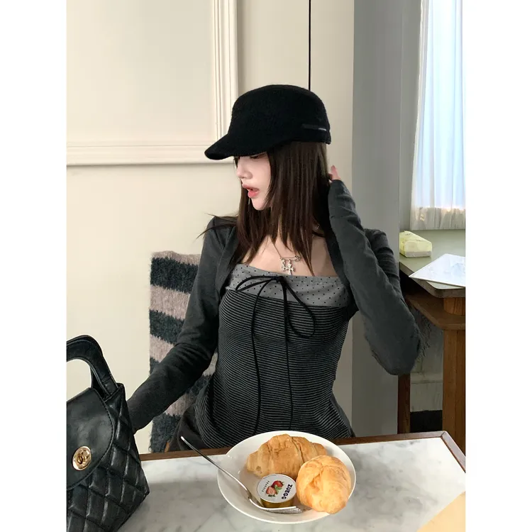 H1908【多元少女】韩系撞色蝴蝶结系带波点元素坎肩假两件上衣T恤女