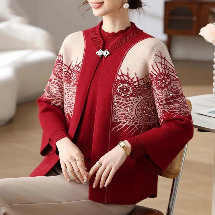 妈妈春装针织外套喜婆婆婚宴套装两件套中老年女春秋上衣2025新款