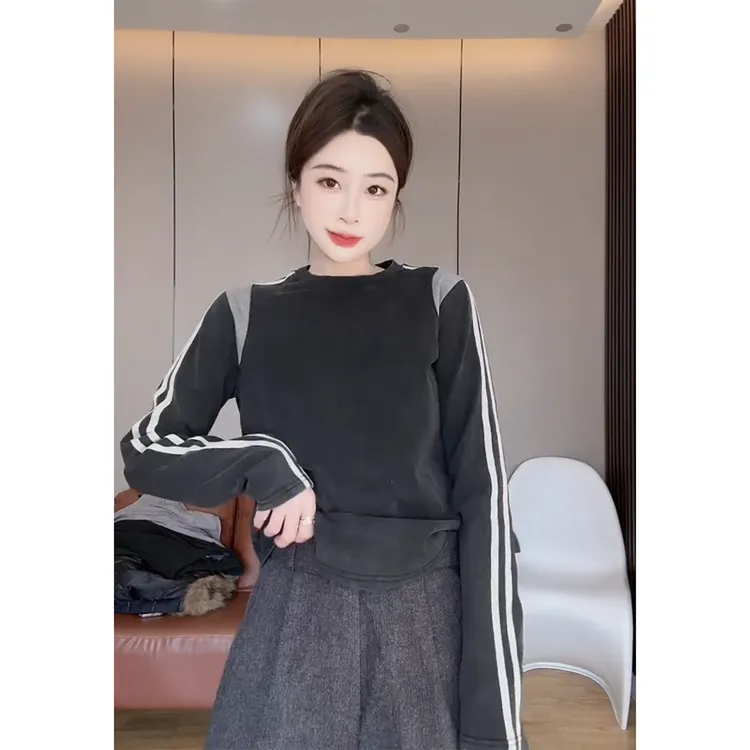 欧货修身拼色条纹长袖T恤女冬季新款网红时尚漂亮打底衫上衣内搭
