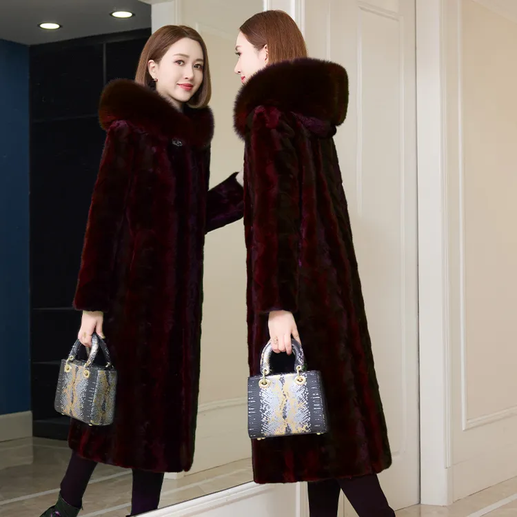 2025水貂皮草外套女狐狸毛领带帽貂皮大衣女拼貂过膝长款大码收腰