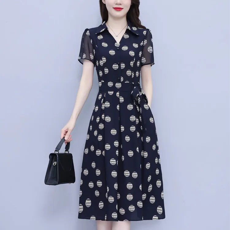 连衣裙女夏季新款高端洋气质小个子妈妈印花裙子