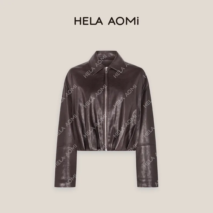 HELA AOMI“幂幂同款”简约风宽松翻领拉链复古垂坠蝙蝠袖皮衣