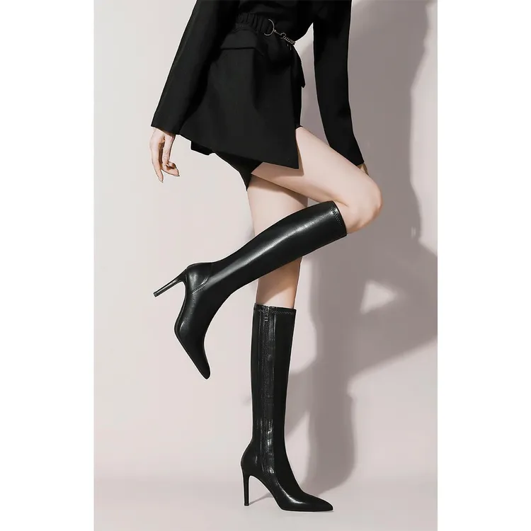 2025秋季新款不过膝高跟靴长筒靴百搭拉链款黑色皮面长靴尖头单靴