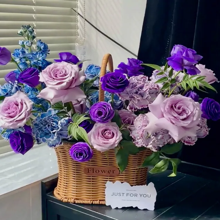编织手提花篮仿藤提篮塑藤编插花蓝花艺仿藤手工编织筐伴手礼篮子