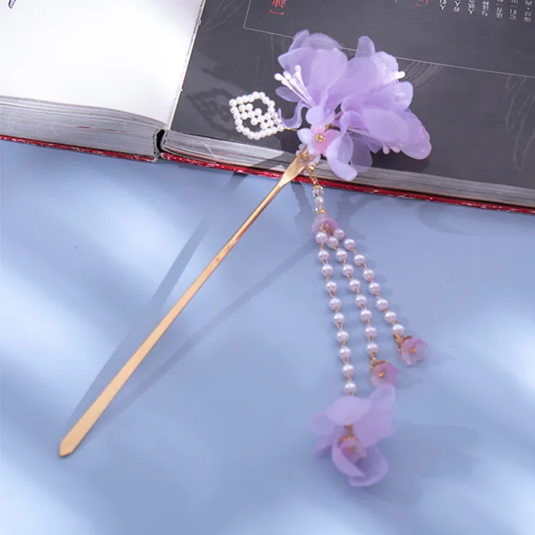 古风发簪绢花古装紫色花朵流苏发钗仙气头饰配饰盘发簪子汉服头饰
