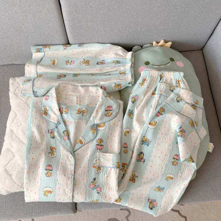 条纹小鸭夏季新款云朵棉短袖三件套学生卡通宽松大码家居服可外穿