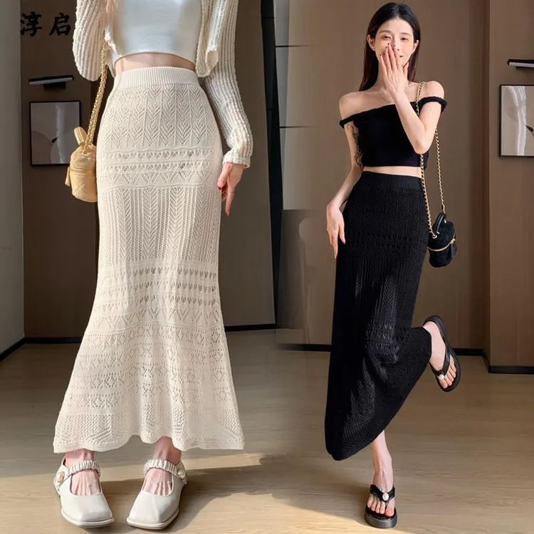 淳启休闲时尚针织鱼尾半身裙女夏季包臀镂空蕾丝裙风情万种的长裙