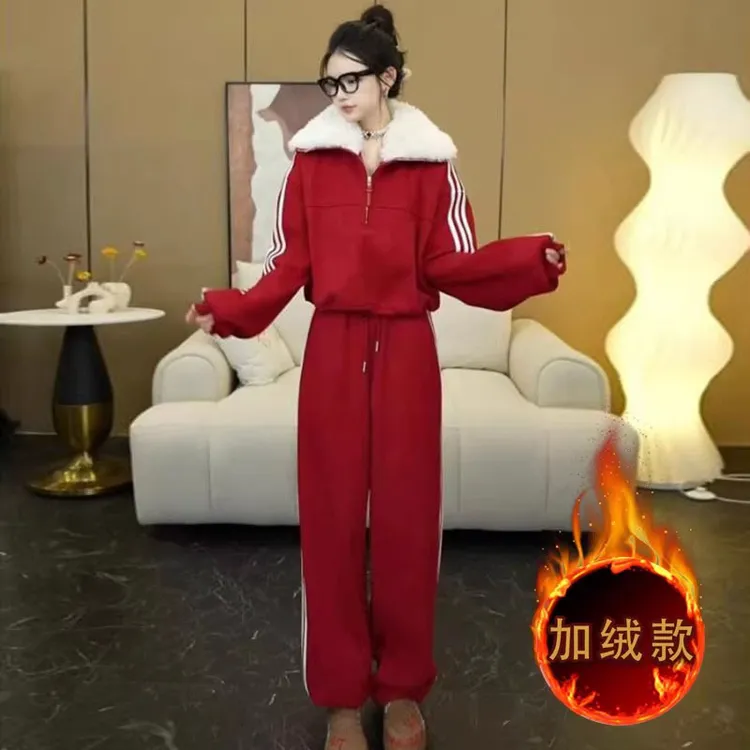 2026巨好看红色休闲运动套装女冬季加绒保暖外套上衣阔腿裤两件套