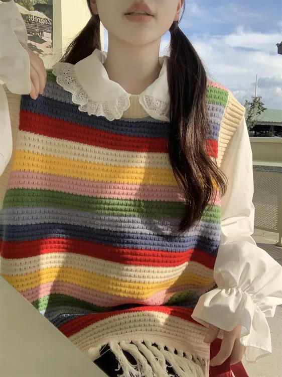 彩虹无袖针织马甲大码女装微胖气质宽松显瘦叠穿慵懒毛衣背心上衣