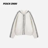 『PEACHZHOU』重工手缝撞色羊毛混纺落肩宽松连帽针织毛衣开衫外套