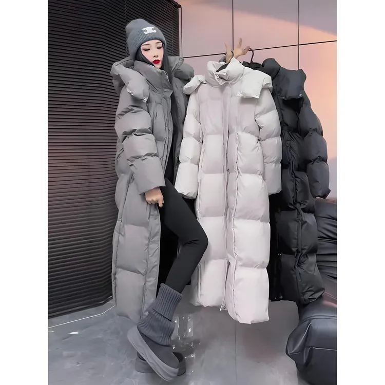 韩版连帽服女中长款2025冬季宽松时尚洋气保暖加厚棉服外套