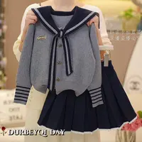 DURBEYQI/朵贝奇女童2025春季新款海军翻领松紧腰百褶裙套装5160