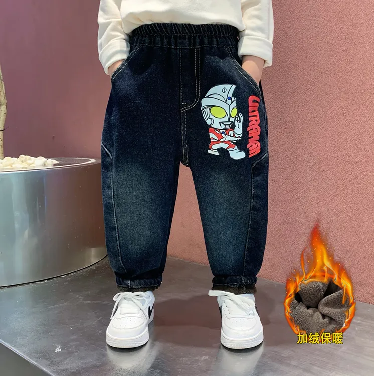 奥特曼男童加绒牛仔裤儿童一体绒裤子2025新款小宝宝冬季保暖长裤