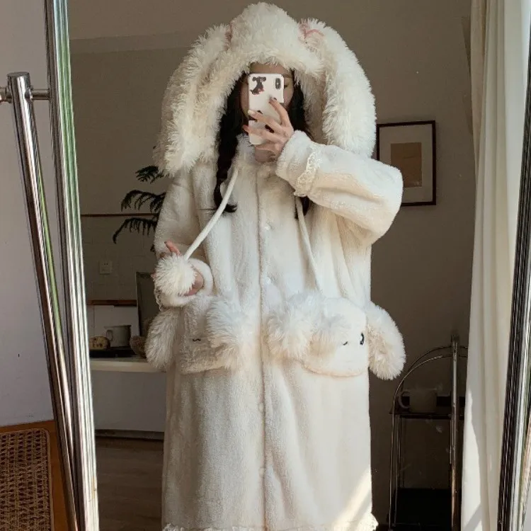 爆款珊瑚绒睡袍女秋冬季毛绒带帽家居服长款加厚睡衣浴袍外披