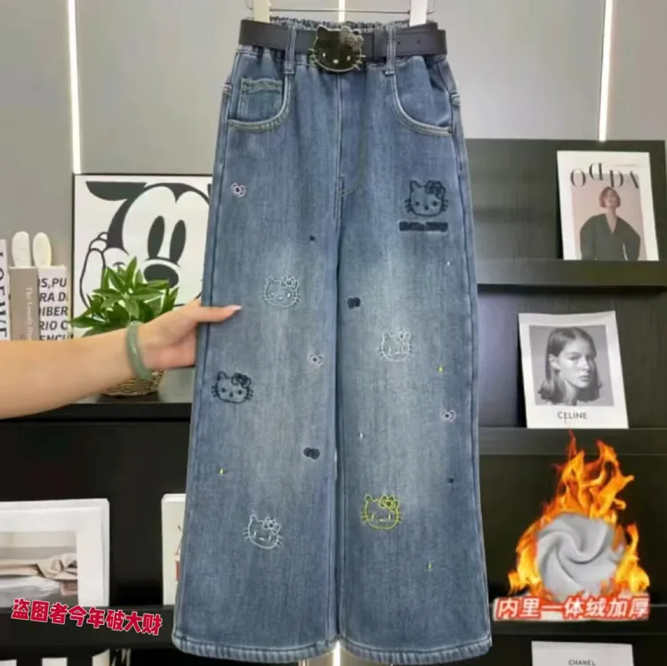 【加绒】女童刺绣牛仔加绒阔腿裤中大童休闲裤11013