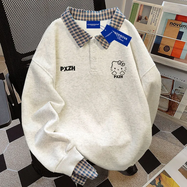 韩版休闲小众个性假两件polo格子拼接卫衣女秋冬加绒爆款嘻哈上衣