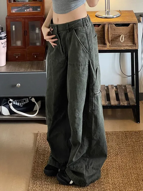 美式复古阔腿工装牛仔裤女春季辣妹高街设计感宽松直筒休闲长裤子