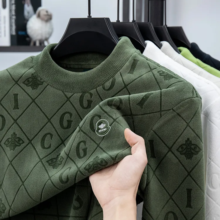 男士卫衣秋冬款重工剪花一体海岛绒双面绒加绒加厚时尚打底衫男款