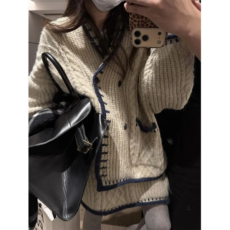 韩系V领绞花针织开衫女2025秋冬新款慵懒显瘦毛衣外套针织半身裙