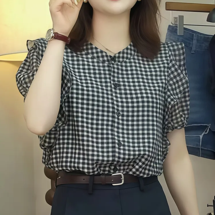 新款甜美洋气显瘦时尚百搭设计感小众格子短袖气质韩版上衣女潮流