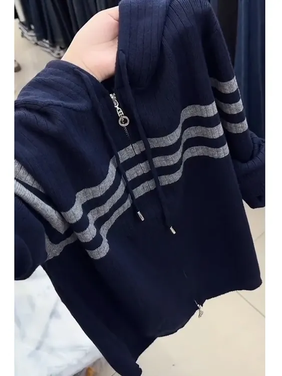 韩系设计感条纹连帽针织衫女秋季百搭复古双拉链宽松显瘦长袖毛衣