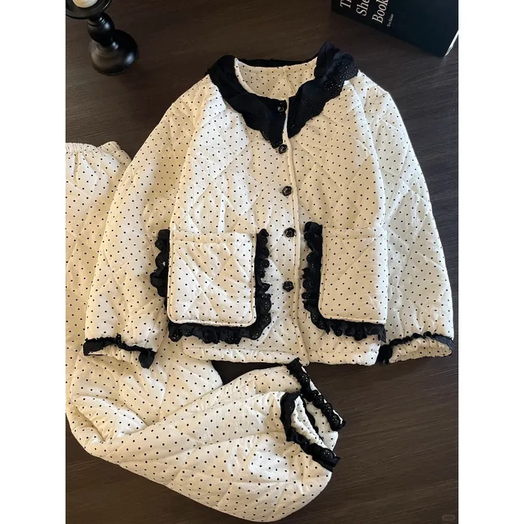 法式简约纯欲蕾丝边夹棉睡衣女冬季新款棉服加厚保暖家居服套装女